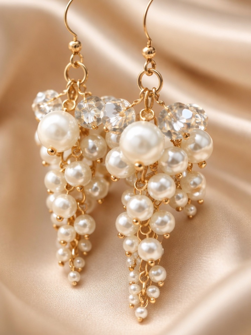 Gold Pearl Cluster Dangle Earrings - Elegant White Pearl Cascade